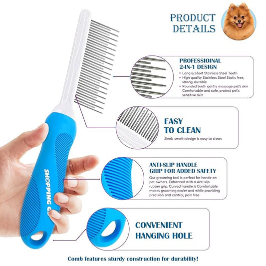 Detangling Pet Grooming Comb for Dogs & Cats with Long & Short Stainless Steel Metal Teeth for Removing Tangles and Knots - Dematting Brush to Detangle Matted Hair