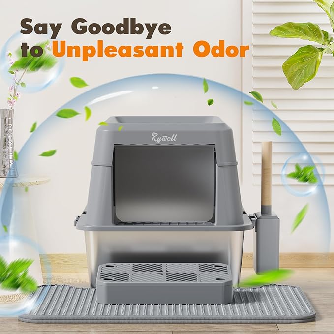 Rywell Stainless Steel Litter Box, Covered XL Extra Large Cat Litter Box Enclosure, Metal Kitty Litter Boxes with Lid, Litter Scoop, Filter Pedal and Litter Mat, Anti-Leakage, Non-Stick, Easy to Clean