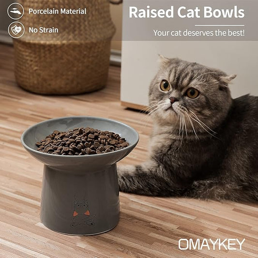 OMAYKEY 6.5 Inch Extra Wide Ceramic Raised Cat Bowls, Upgraded Elevated Porcelain Cat Food Water Bowl Dish, Stress Free Pet Feeder Bowls Dishes for Elder Big Cats & Small Dogs, White & Grey