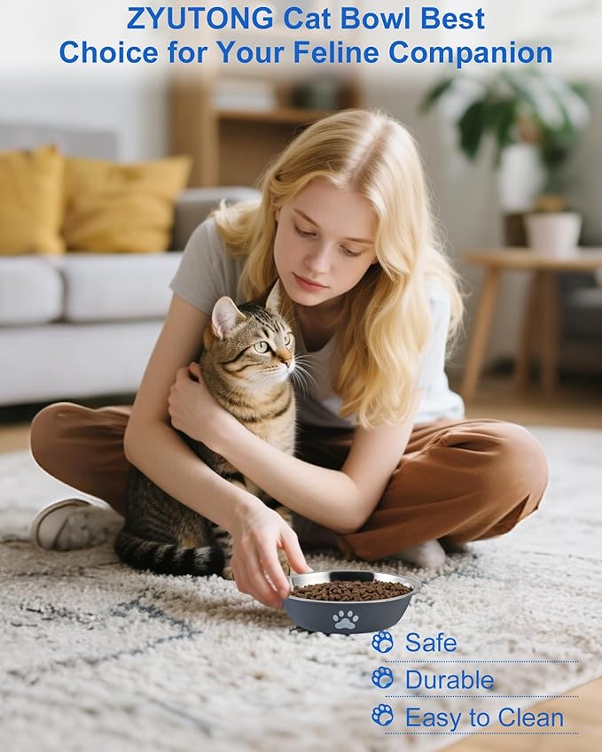 6 PCS Stainless Steel Cat Bowls, Non-Slip Stainless Cat Food Bowl Metal Cats Dishes Whisker Fatigue Kitten Plates Shallow Wide Kitten Bowls, 5.5” Whisker Friendly Food Dish (Grey 6 PCS)