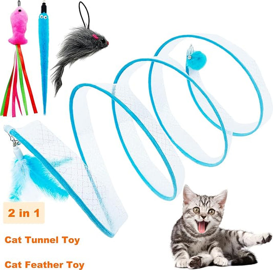 Self Play Cat Hunting Spiral Tunnel Toy, Folded Cat Spring Tunnel Toys for Indoor Cats (Blue)