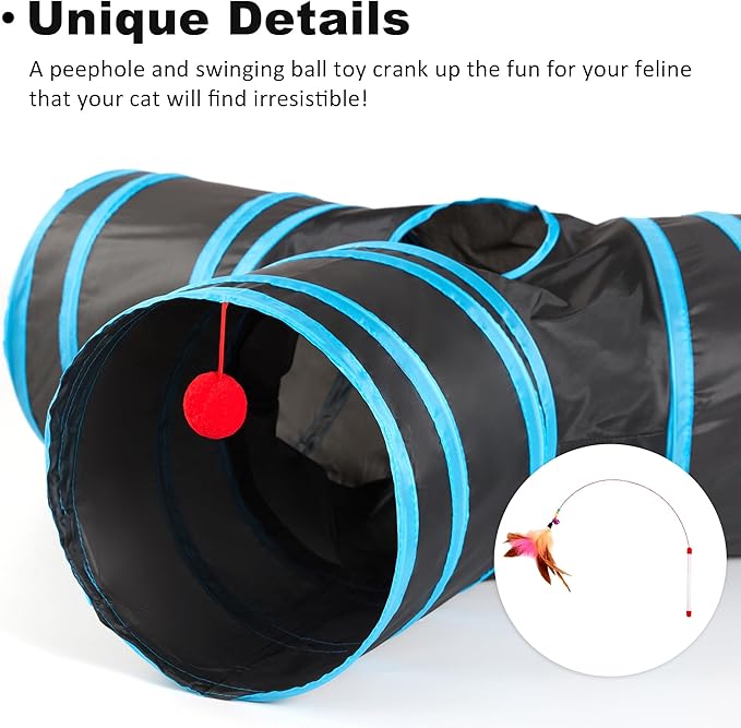 Love's cabin Cat Tunnel Tube Toys 3 Way Collapsible, Cat Tunnels for Indoor Cats,Kitten Tunnel Bored Pet Play Tunnel with Peek Hole Toy Ball for Kitty, Kitten, Rabbit, Puppy Blue