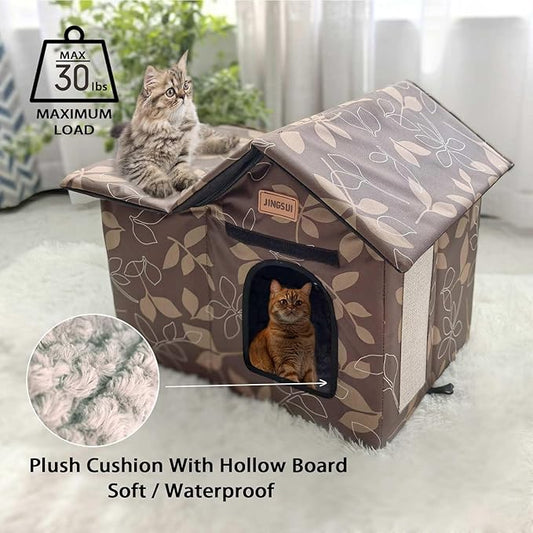 Indoor and Outdoor Cat House - Large Cat Hole, Insulated and Weatherproof Resistant Outdoor Wildcat House ,Foldable Cat Hideaway,19.5x17.5x13.5 inches, Brown