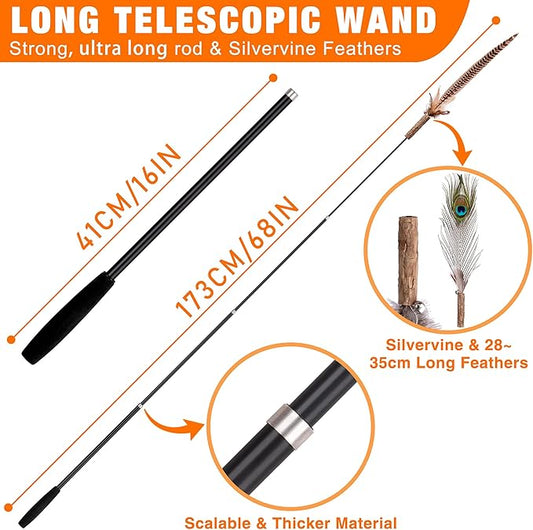 JXFUKAL 2025 Latest Cat Wand Toy, 68”Extra Long Cat Fishing Pole Toy, 4PCS Natural Huge Feather Refills with Silvervine Sticks for Indoor Cats Kitten Kitty Teeth Cleaning Exercise Accessories