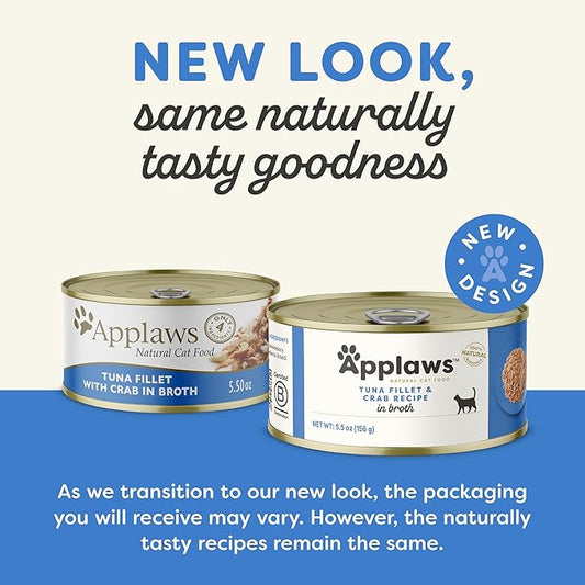 Applaws Natural Wet Cat Food in Broth, Limited Ingredient Canned Wet Cat Food, No Additives, Made with Natural Ingredients, Tuna Fillet & Crab in Broth (24 x 5.5oz Cans)