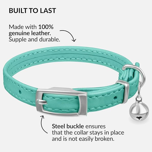 CollarDirect Leather Cat Collar with Bell - Kitten Collar, Small and Big Cat Collar for Boy Cats, Girl Cats with Safety Elastic Strap (Neck Fit 8"-11", Mint Green)