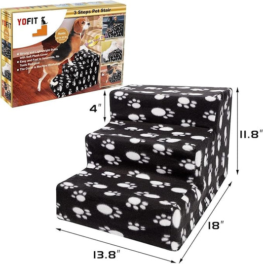 yofit Doggy Steps - Non-Slip 3 Steps Pet Stairs for Cats and Dogs, Foldable Plastic with Washable Carpet Holds Up to 50 lbs (Dark)