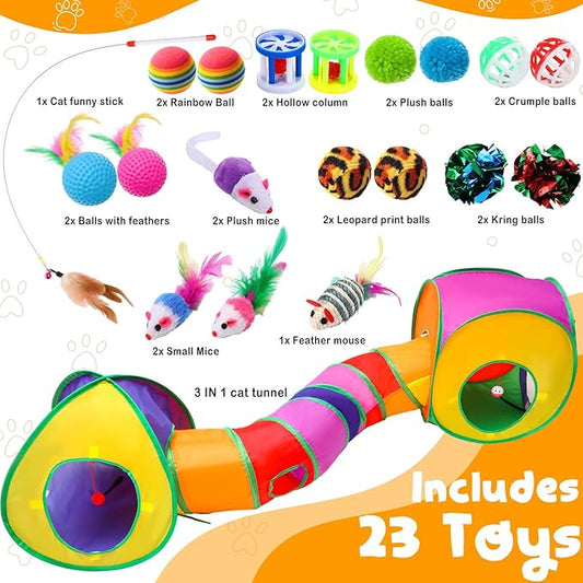 21 Pcs Cat Tunnels for Indoor Set, 3 In1 Collapsible Cat Tunnel Toy with Cube Tent Toys Combo and 20 Pcs Interactive Kitty Toys Feather Toy Fluffy Mouse Crinkle Balls for Kitten Puppy