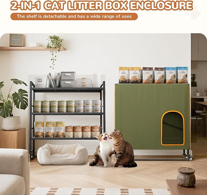 Lekereise Large Hidden Litter Box Furniture, Cat Litter Box Enclosure with Removable Waterproof Cover, Kitty Litter Box Furniture with 3-Tier Adjustable Shelves Storage and Wheels (70.87”H, Green)