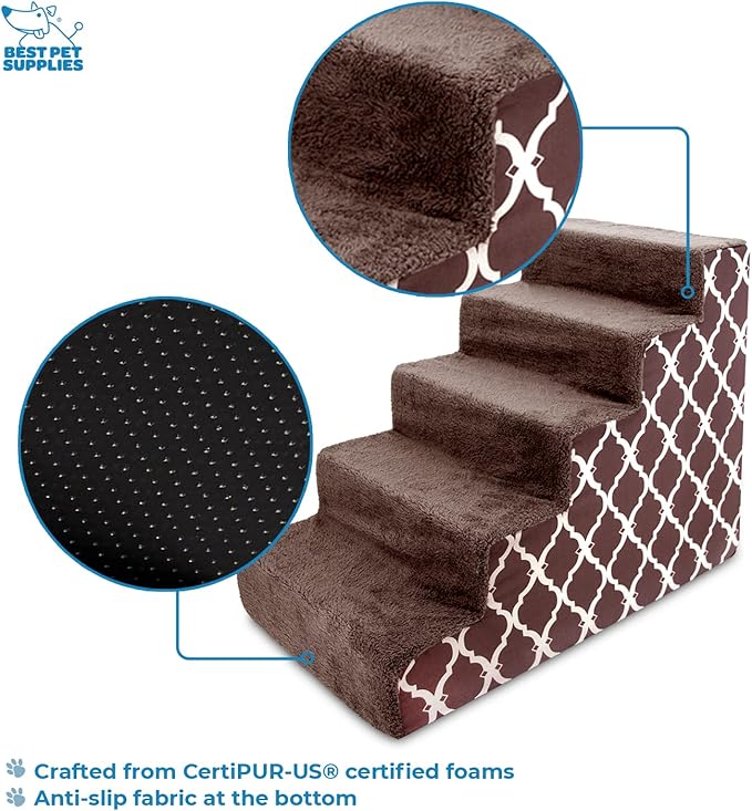 Best Pet Supplies Dog Stairs & Steps - Foam Steps for Small Dogs & Cats, Non-Slip Indoor Balanced Pet Step Support, Dog Ramp, No Assembly, Brown Lattice Print, 5-Step (22.5-inch Height).