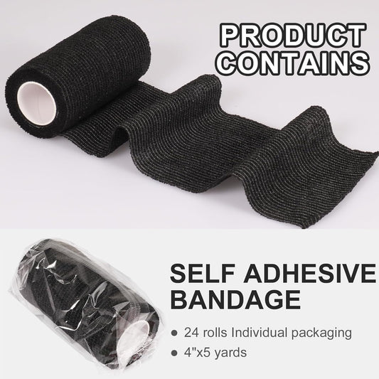 24 Pack Self Adhesive Bandage Wrap, 4” x 5 Yards Cohesive Medical Tape Elastic Grip Tape Black Sports Tape Athletic for Ankle, Wrist Sprains, Pet First Aid (Black, 4 Inch)