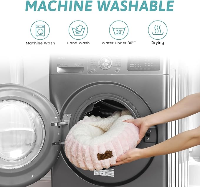 Cat Bed with Hooded Blanket, Round Fluffy Anti-Anxiety Pet Bed for Cats/Small Dogs, Cozy Donut Cuddler with Machine Washable Faux Fur & Anti-Slip Bottom(23"×23"×6",Pink)