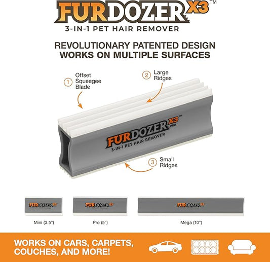 FurDozer X3 PRO Pet Hair Remover & Auto Detailing Tool - Cat & Dog Hair Remover for Carpet, Car Interior, Couch, Bedding, & Furniture - Reusable Pet Hair Removal Tool for Fur & Lint, 5" (Grey, 2-Pack)