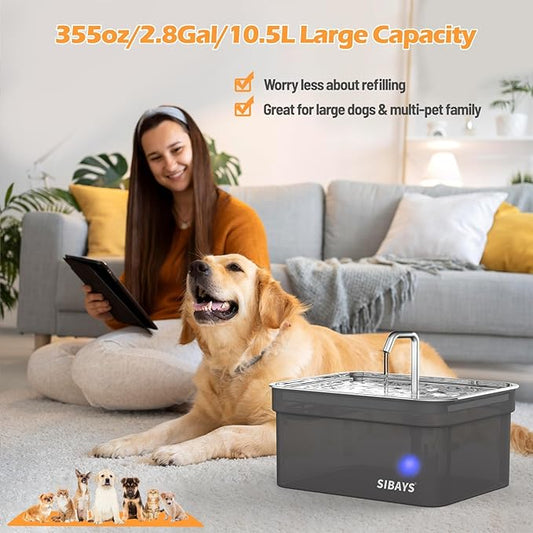SIBAYS Dog Water Fountain for Large Dogs, 355oz/2.8Gal/10.5L Automatic Dog and Cat Water Fountain, Large Pet Fountain with Stainless Steel Bowl, Dog Water Bowl Dispenser Easy to Clean, BPA-Free(FS70)
