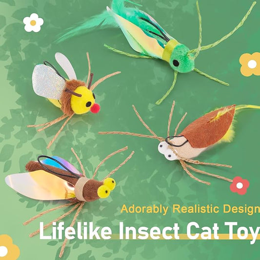 SONGWAY Cat Toy Wand Refill Bugs - 4 Pieces Cat Bug Toys Replacement, Teaser Wand Toy Attachments, Interactive Insect Feather Toys for Cats Kittens