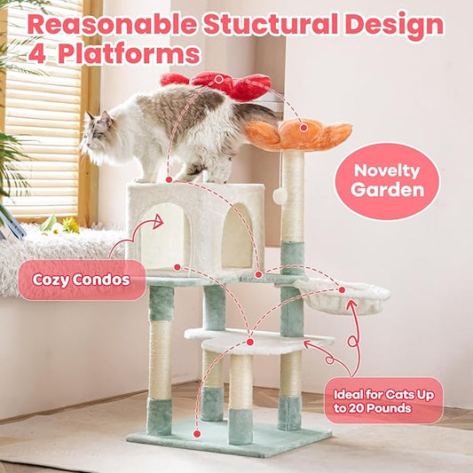 HYABi 48-inch Modern Cat Tree with Hanging Basket & Flower Design, Multi-Level Cat Tower with Plush Perches, Sisal Scratching Posts & Toy Balls, Stylish Indoor Playhouse for Cats & Kittens