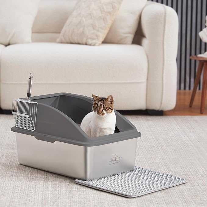 Stainless Steel Litter Box | XL Enclosed Cat Litter Boxes with Lid for Big Cats | High Sided, Anti-Urine Leakage | Non-Stick Bottom & Includes Litter Mat & Metal Scoop (Dark Gray, XX-Large)