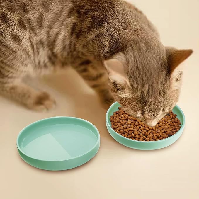 Ceramic Cat Bowls,Shallow Cat Dishes for Food and Water, 6 inch Matte Finish Wide Cats Food Bowl,Whisker Fatigue Free Pet Puppy Kitten Bowl Set of 3,Dishwasher Safe