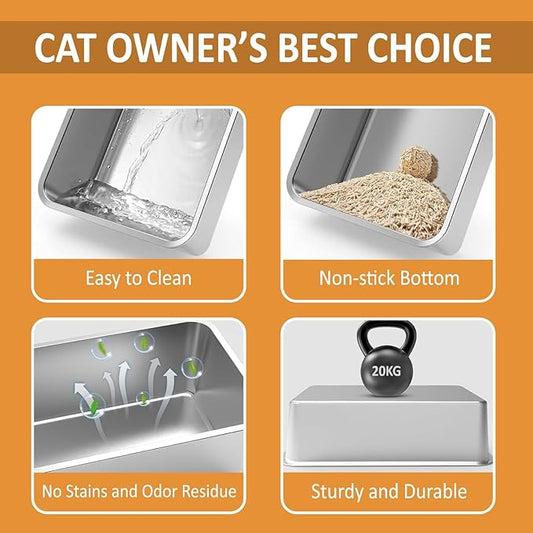Extra Large Stainless Steel Litter Box - Two Pan Set, Open-Top Design Litter Box for Cats - Odor-Resistant Sifting Cat Litter - Non-Sticky and Easy to Clean - Stainless Steel Litter for Cats