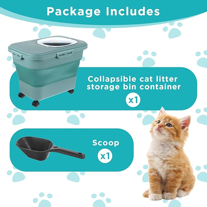 Collapsible Cat Litter Storage Bin Container with Airtight Lids, Portable Cat Litter Storage Container with Wheels, Kitchen Cereal Rice Leakproof Sealable