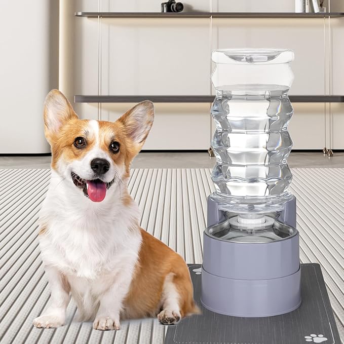 RIZZARI Large Water Dispenser for Dogs: 8L Gravity Gray Automatic Stainless Steel Waterer - 100% BPA Free - Raised Pet Feeder for Pet Dogs Indoor/Outdoor