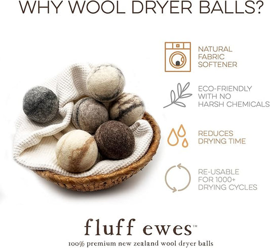 Fluff Ewes Wool Dryer Balls 6 Pack Premium New Zealand Wool Laundry Balls for Dryer, No Static Dryer Balls Laundry Reusable Cute, XL Wool Dryer Balls Cute, Baby Dryer Balls for Dryers - Marble