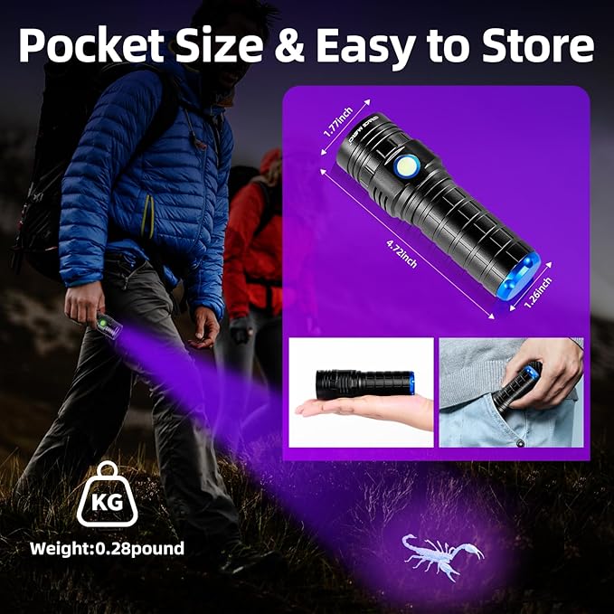 Rechargeable 365nm Black Light Flashlight, 50W Powerful Small UV Flashlight, Bed Bug UV Light, Pet Urine Detector for Dog/Cat Urine, Dry Stains, Bed Bug, Scorpion, Dry Pet Stains