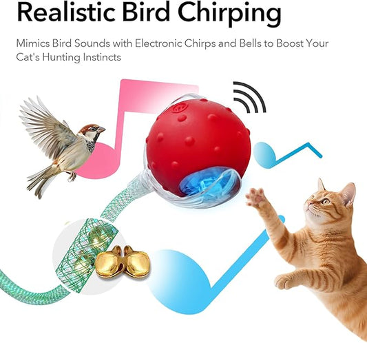 Speedy Tail Ball Toy 3.0 with 3 Play Modes, Bonus Tail, Powerful Motor Moving Ball, Interactive Auto Toy for Indoor Bored Kitten & Adult Cats, USB Rechargeable (Red, Birdsong)