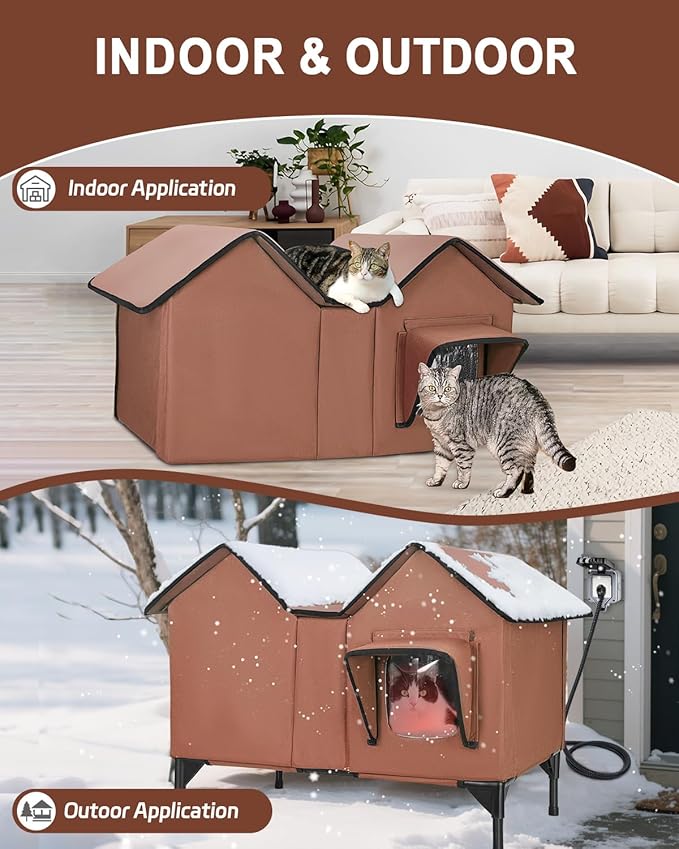 Extra Wide Large Heated Cat House for Outside, Elevated Waterproof Outdoor Cat House Weatherproof for Winter, Insulated Outdoor Cat Shelter with Escape Doors and Heating Pad for Multiple Cats, Brown