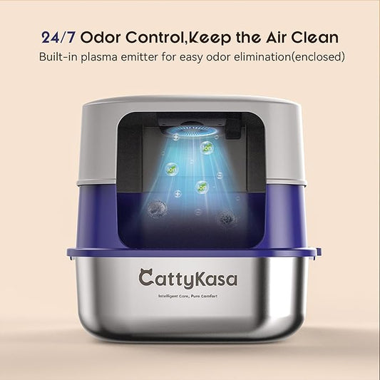 Odor Control XL Stainless Steel Litter Box,3-in-1 Enclosed High Side Cat Litter Box with High Lid for Cats,Non-Sticky,Anti-Leakage,Easy Clean,with Scoop & Filter Pedal(Gray-Blue)