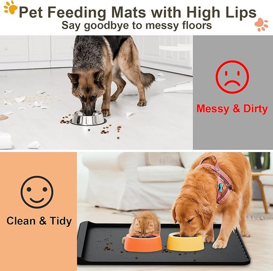 Dog Food Mat - Silicone Dog Mat for Food and Water - 36" x 24" Large Pet Feeding Mats with Residue Collection Pocket - Waterproof Cat Bowl Mat with High Edges to Prevent Water Food Spills (Black)