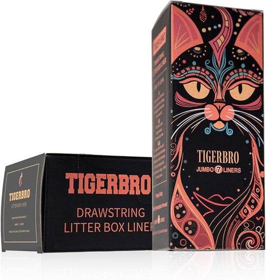 TIGER BRO Thicken Drawstring Litter Box Liner - Odor Penetrating Prevent, Tear & Scratch Resistant, Drawer litter Liner for Cat Litter Box Jumbo(36 * 19IN) 7 Count, Suit for your Paw-some Powerball