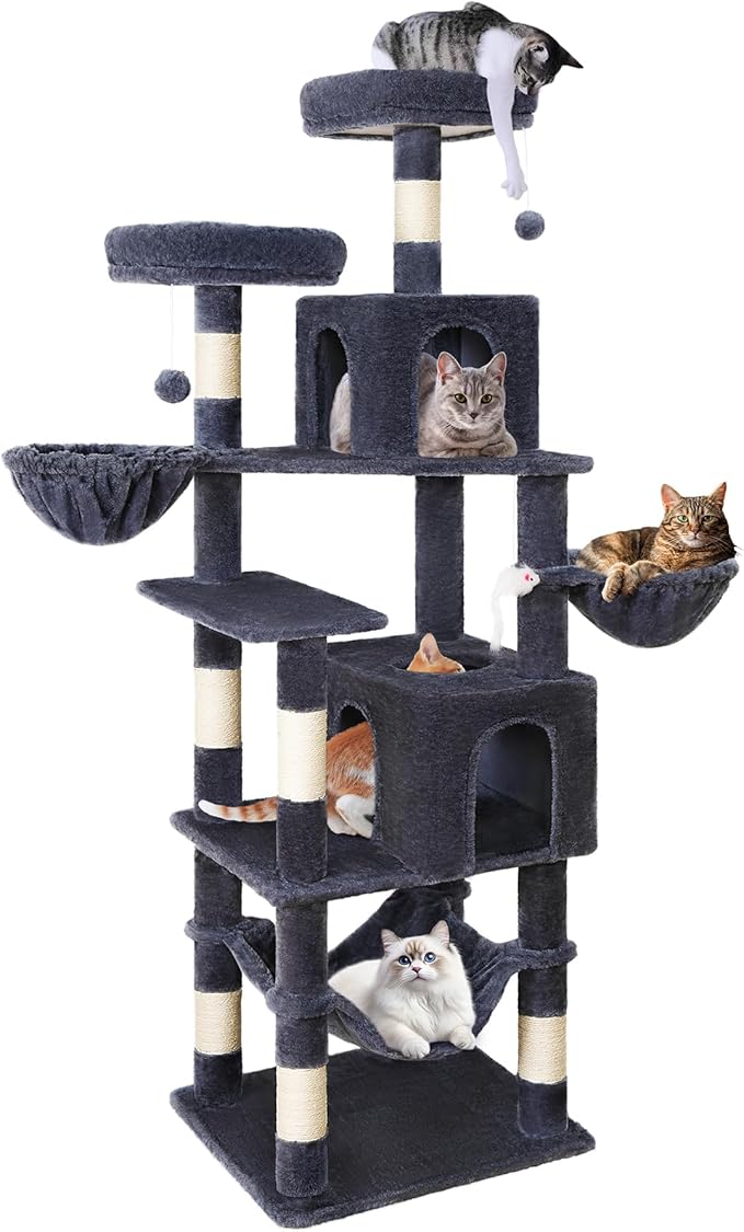 AMHANCIBLE Cat Tree, 70 Inch Tall for Indoor Adult Cats, Large Multi-Level Tower with Scratching Post, Hammock, Condos, Hanging Basket, Activity Center to Play and Sleep, Dark Grey, PT18DG