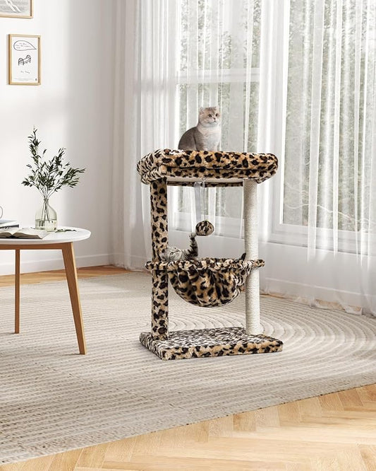 SYANDLVY Small Cat Tree for Indoor Cats, Unique Leopard Print Cat Tree Tower for Kitties, Condo Furniture with Hammock & Sisal Scratching Posts