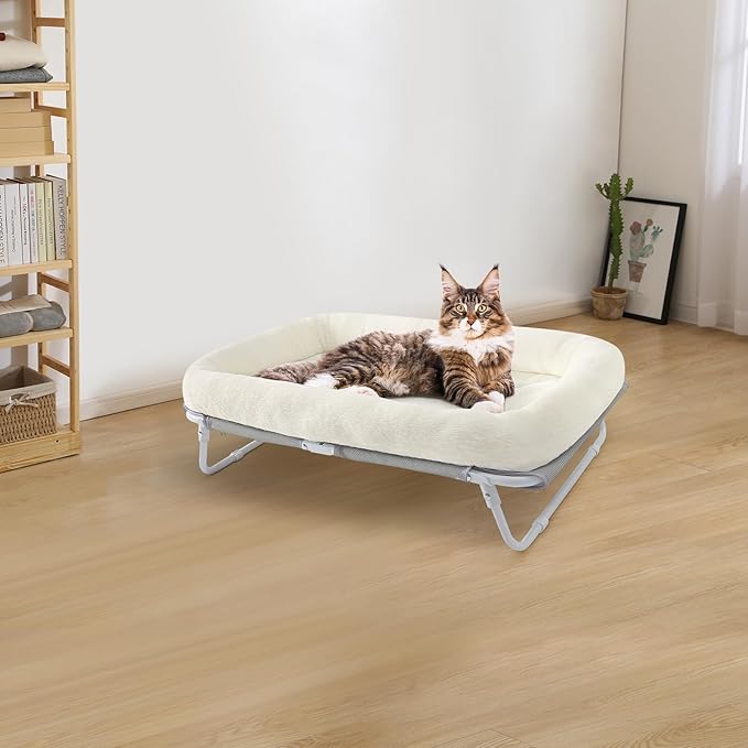 Sunhoo Elevated Cat Bed Foldable Raised Pet Hammock Self-Supporting Puppy Lounger with Off Floor Metal Frame Washable Cover for Small Dog Kitten Indoor Use 25.2x15.75x7.48 in (White)