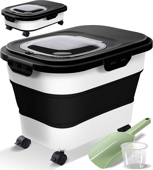 Collapsible Dog Food Storage Container with Lids, Airtight Rice Flour Cereal Sugar Cat Pet Bird Seed Containers Dispenser Bin Bucket with Rolling Wheel, 20 25 30 Lbs Plastic Sealable Kitchen Holder