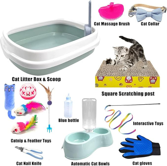 Kitten Starter Kit - 15 Piece Cat Essentials Set Includes Litter Box, Toys, Collars, Scratch Pad, Nail File, Automatic Feed Bowls, Grooming Gloves