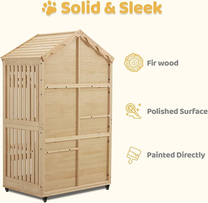 MCombo Wooden Indoor Cat House, Cat Condo with Entrance, Kitten Cage Catio with Lockable Doors and Wheels, CT291