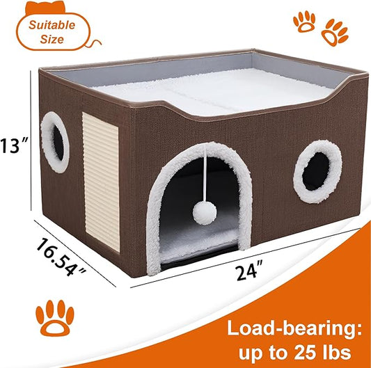 Cat Houses for Indoor Cats - Large Cat Bed Cave with Scratch Pad and Fluffy Ball, Foldable Cat Condo Hideaway with Reversible Cushion for Multi Small Pet,Brown