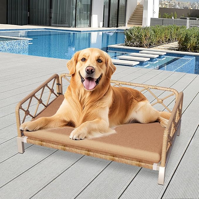 Outdoor Wicker Dog Bed Indoor Rattan Dogs Sofa with Soft Cushion, Dog Couch & Furniture, Pet Bed with Crate Pad(Brown Wicker and Cushion, Large and Medium)