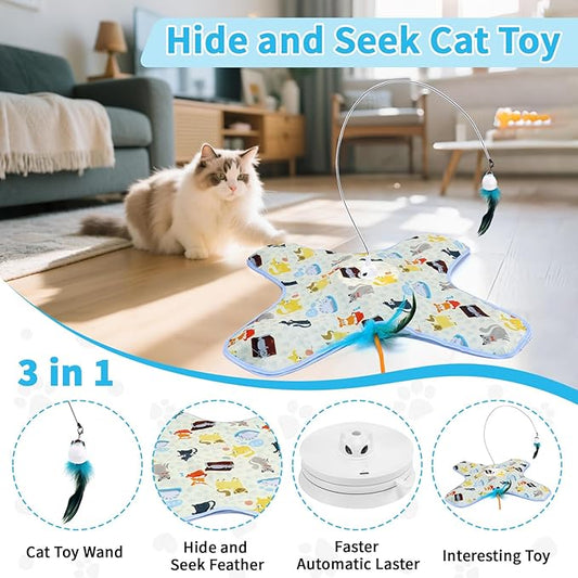 3 in 1 Interactive Kitten Toys for Indoor Cats with Moving Feather,Interesting Cat Toy for Exercise and Play,Hide and Seek Concealed Moving Feather Wand,Cat Enrichment Toys for Bored Indoor Adult Cats