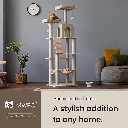 MWPO Large Modern Cat Tree, 70.1-Inch Wood Cat Tower for Indoor Cats, Multi-Level Tall Cat Condo with 2 Padded Perches, Hammock, Scratching Posts, Dangling Toys, Beige