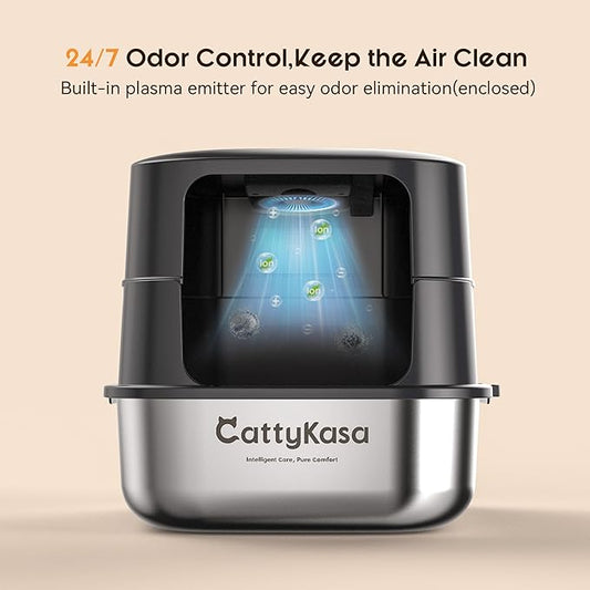 Odor Control XL Stainless Steel Litter Box,3-in-1 Enclosed High Sided Litter Box with High Lid for Big Cats,Non-Sticky,Anti-Leakage,Easy Clean,with Scoop & Filter Pedal