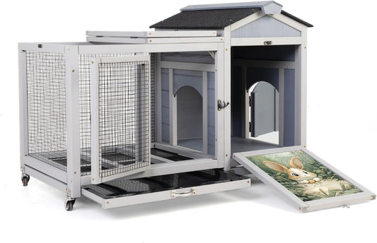 COZIWOW 38.5inches Durable Wooden Rabbit Cage Indoor,Wide Space Small Animal House with Removable Tray&Safety Lock,Rubbit Hutch with Waterproof Roof&Solar Panels (Grey with Pattern)