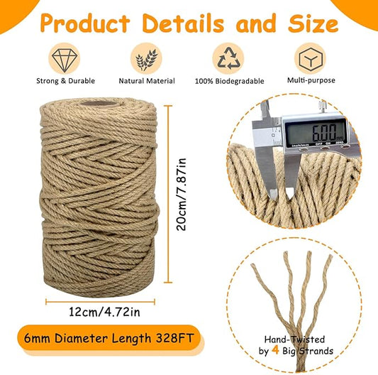 Jute Rope for Cat Scratch Post 1/4" Diameter 328 FT Cat Natural Hemp Rope Cat Tower Repair Rope Cat Tree Rope Replacement Recovering and DIY