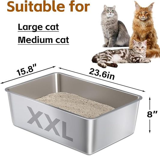 XXL Stainless Steel Litter Box,Metal Cat Litter Box XLarge Easy Clean,Cat LitterBox 8in Gigh Side for Big Cats/Multiple Cats,Non Stick No Smell