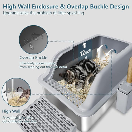 2 Pack XL Large Enclosed Jumbo Stainless Steel Cat Litter Box,Kitty Metal Litter Box with Lid Footboard Litter Scoop Non-Sticky Never Absorbs Odors High Sided for Big Cats
