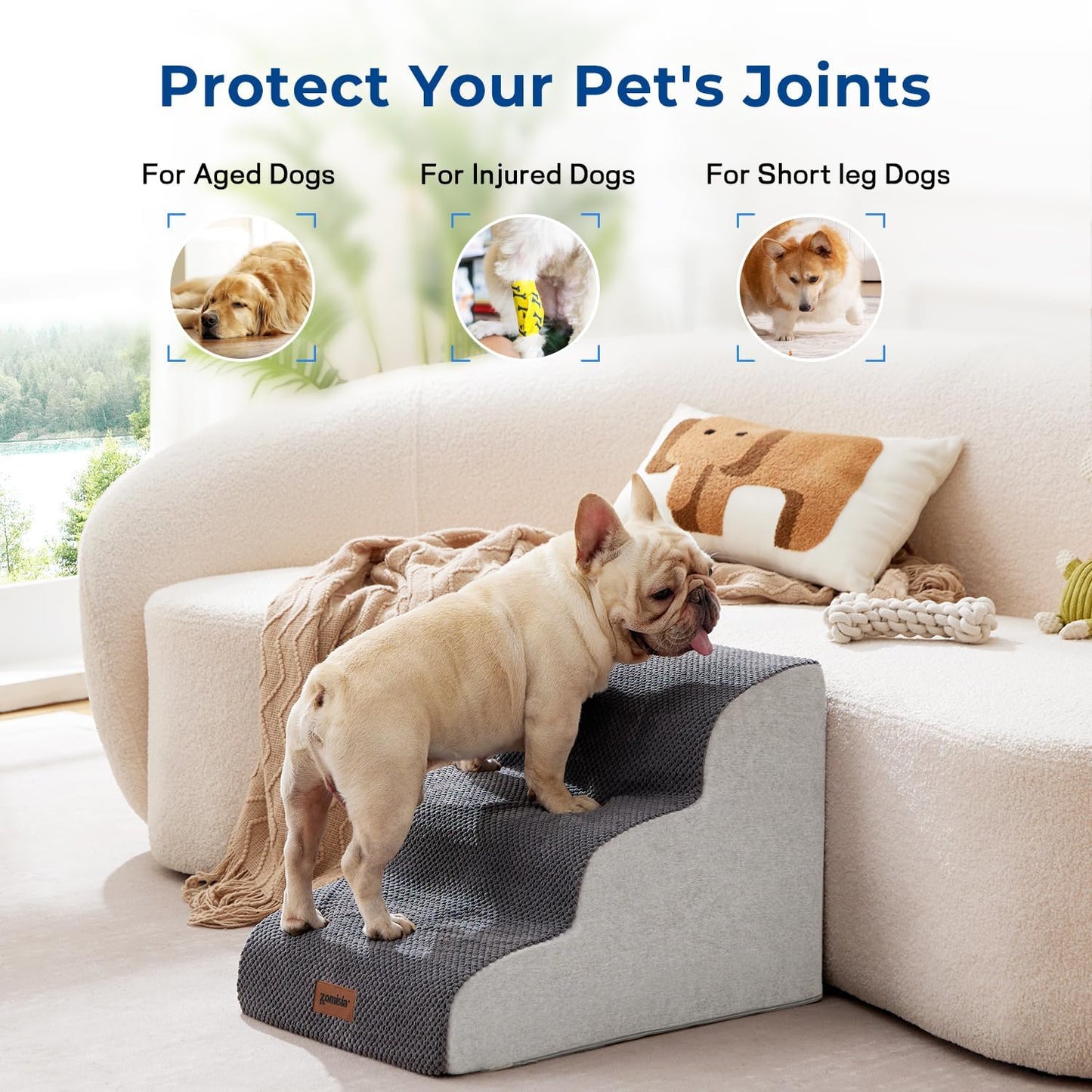 Dog Stairs for Small Dogs - Pet Stairs for Couch and Bed, 35D Foam Dog Steps Ramp with Non-Slip Bottom Beige, 3 Steps