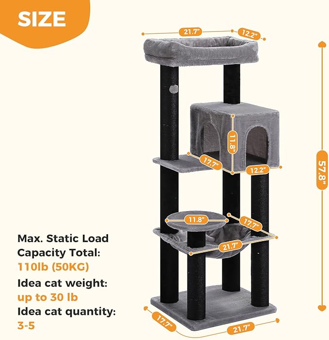 Large Cat Tree for Indoor Cats Large Adult, 57.8" Heavy Duty Cat Tower with Reinforced Scratching Posts (φ3.7in) and Plush Larger Hammock for Maine Coon & Big Cats, Supports 30lbs, Black