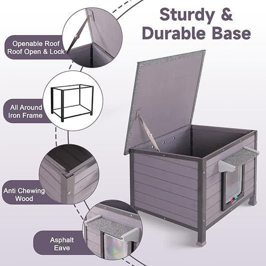 Outdoor Cat House, Feral Cat Houses Waterproof of All-Around Iron Frame, Solid Wooden Cat Shelter with Adjustable Door for Cats, Dogs and Other Small Animals